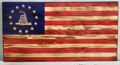 Wooden American flag with colonial stars and coiled snake